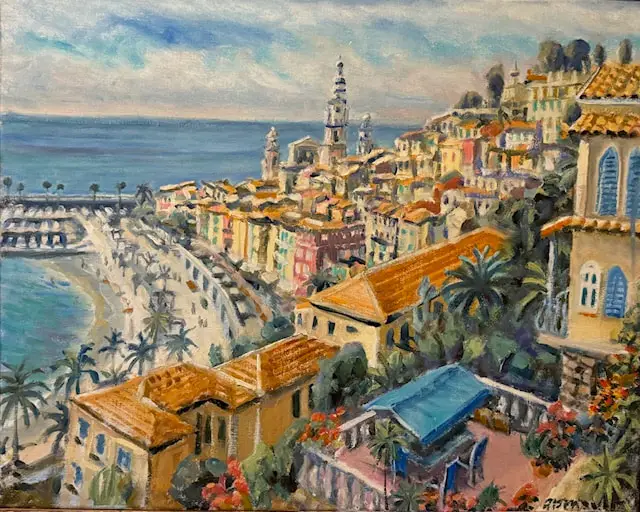Bird's Eye View, Menton, France. Painting by Paul Arsenault.